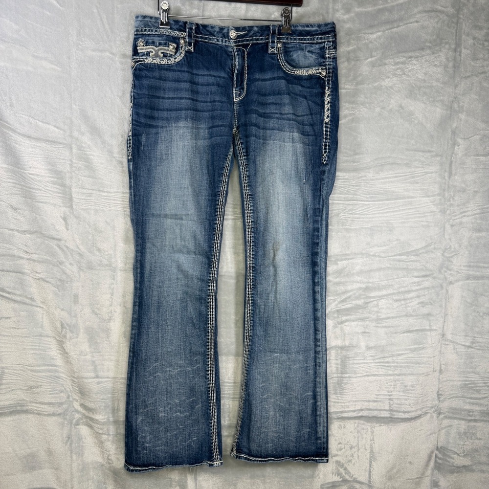 Rock Revival Kaizel Easy Boot Jeans Womens 32 Blue Distressed Thick Stitch Y2K